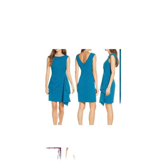 Eliza J. Drape Laguna Crepe Cocktail Shift Dress Size 4 Teal - Picture 3 of 8